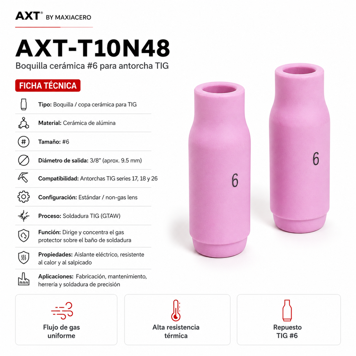Boquilla Cerámica TIG #6 (3/8") (2 Pzs) - AX Tech AXT-T10N48