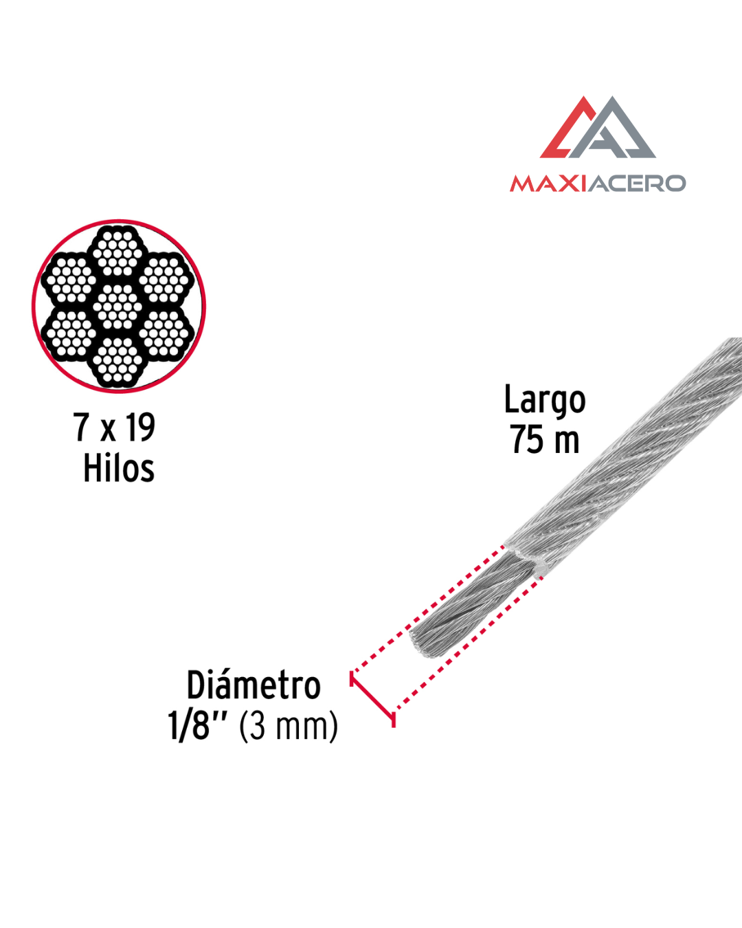 1 Metro Cable Acero Recubierto Pvc 1/8' 7x19 Hilos Fiero 44225