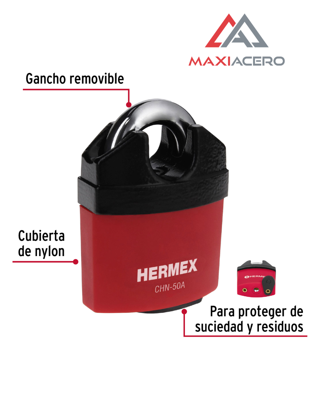 Candado de Hierro Hermex 43340 de 50mm | Gancho Protegido Rojo