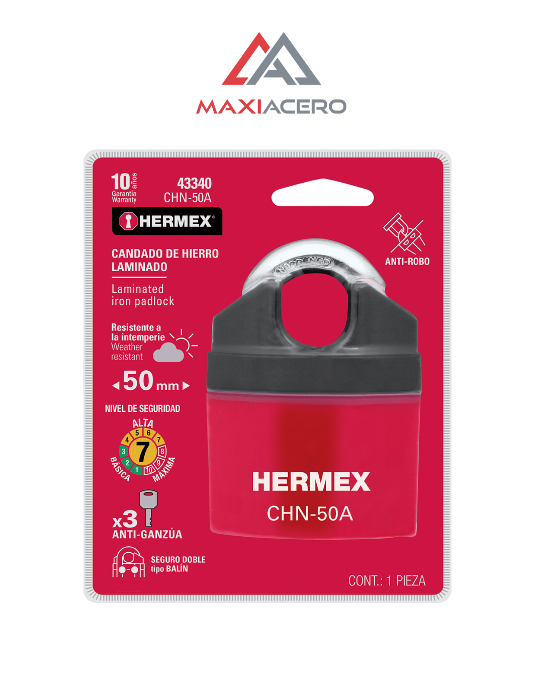 Candado de Hierro Hermex 43340 de 50mm | Gancho Protegido Rojo