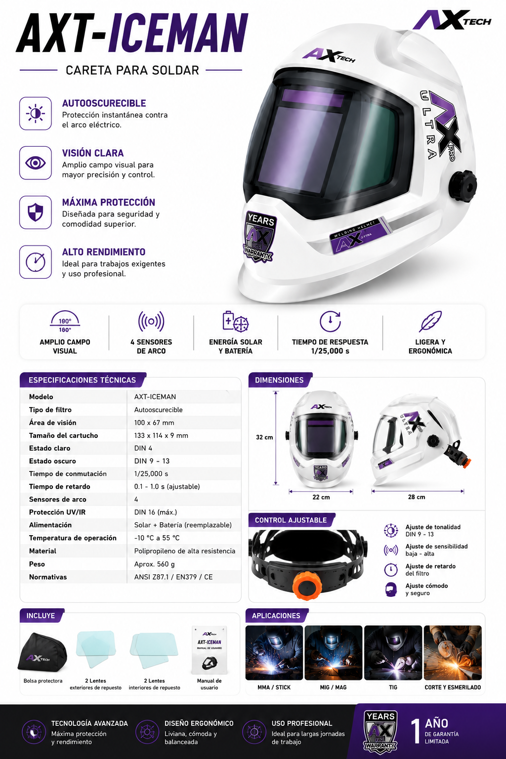 Careta Electrónica Soldar Axtech 4 Sensores Panorámica 180 Grados Blanca-AXT-ICEMAN