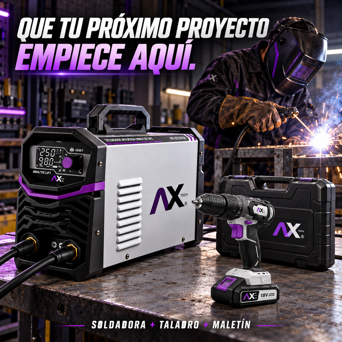 AXT-257LCD-C4 + Rotomartillo, Combo Soldadora Inversor Electrodo y TIG Lift Axtech