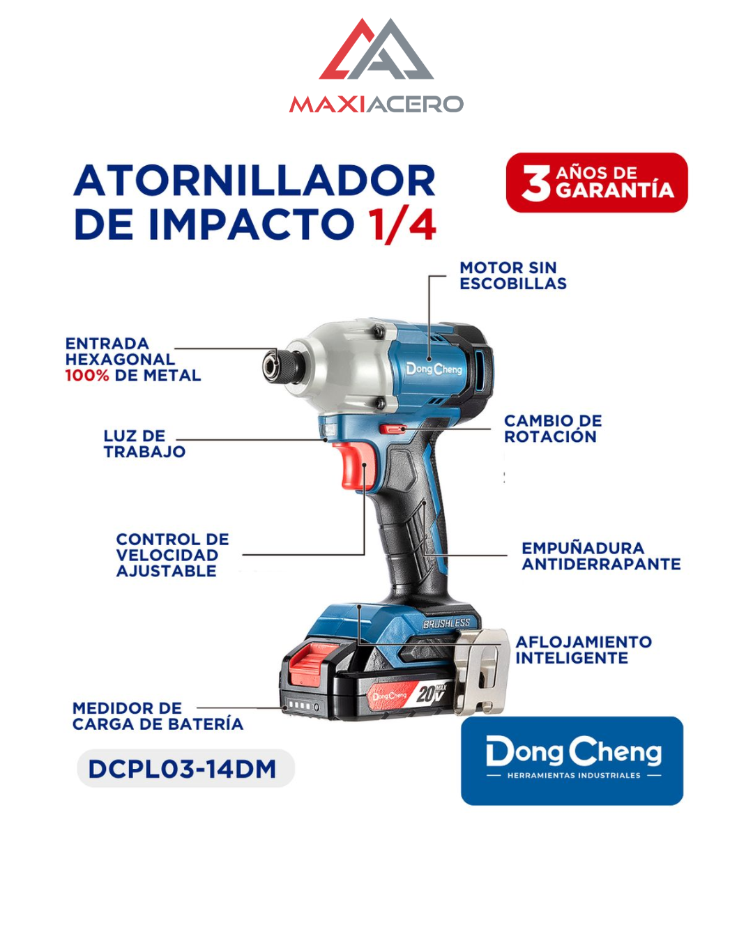 Atornillador de Impacto Inalámbrico DongCheng 20V DCPL03-14DM | Brushless