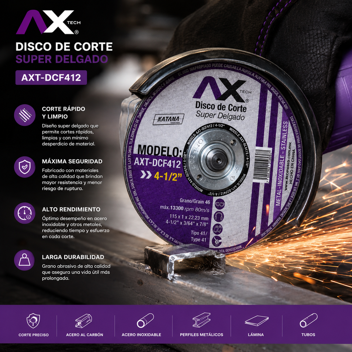 Paquete de 50 Discos de Corte 4-1/2" Axtech para Metal y Acero Inoxidable-AXT-DCF412
