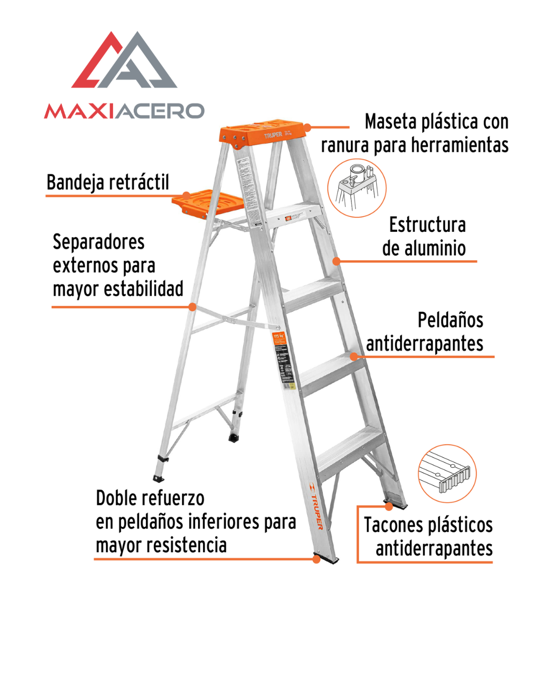 Escalera de Tijera de Aluminio Truper 10264 | 4 Peldaños Tipo II con Bandeja