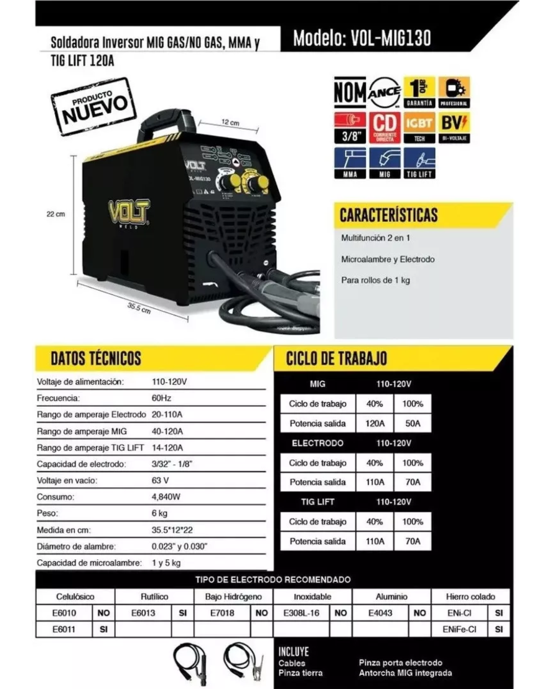 Soldadora Inversora Volt VOLT-130 | Microalambre y Electrodo 110V