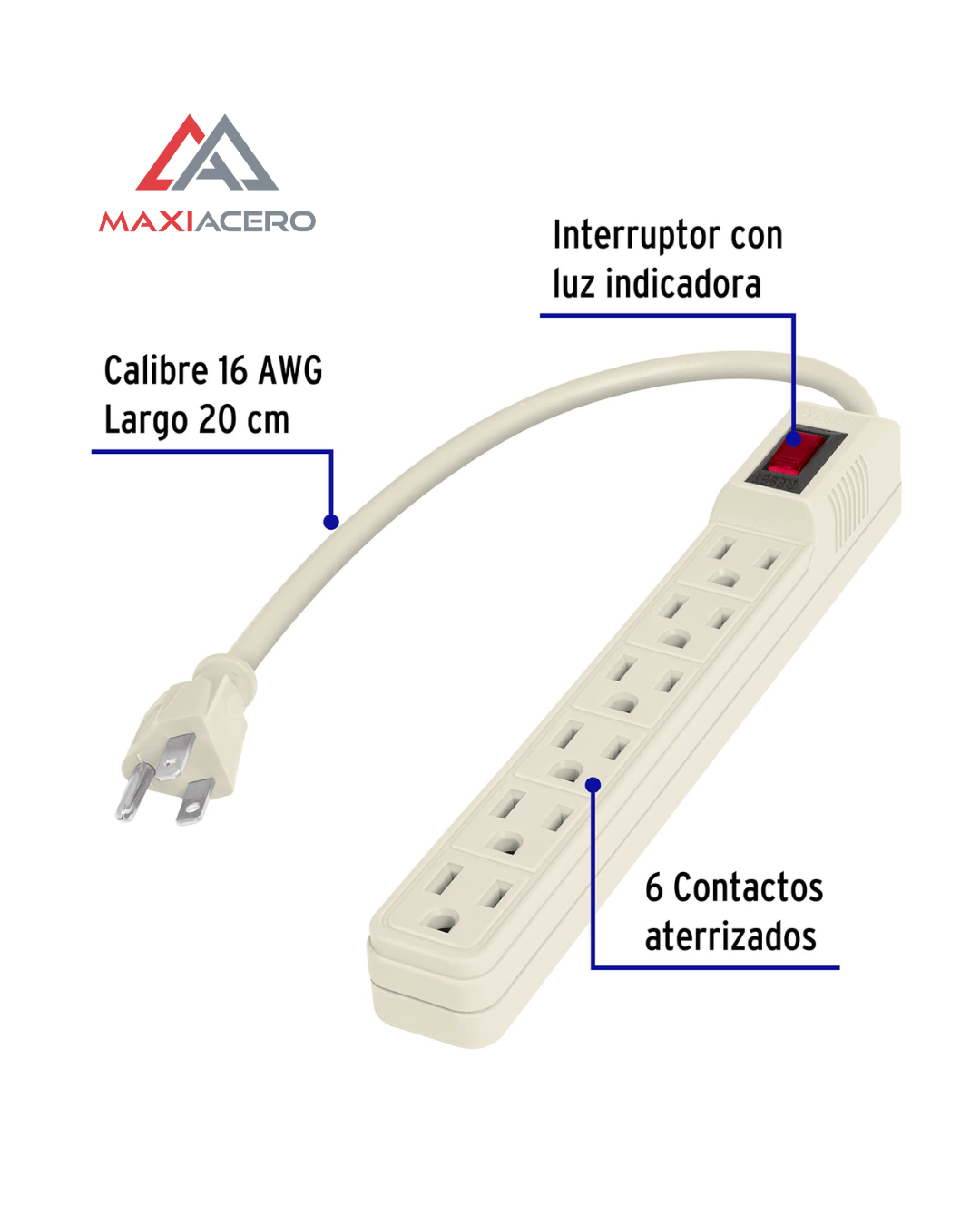 Multicontacto 16 Awg Doméstico 6 Entradas, Volteck Color Blanco