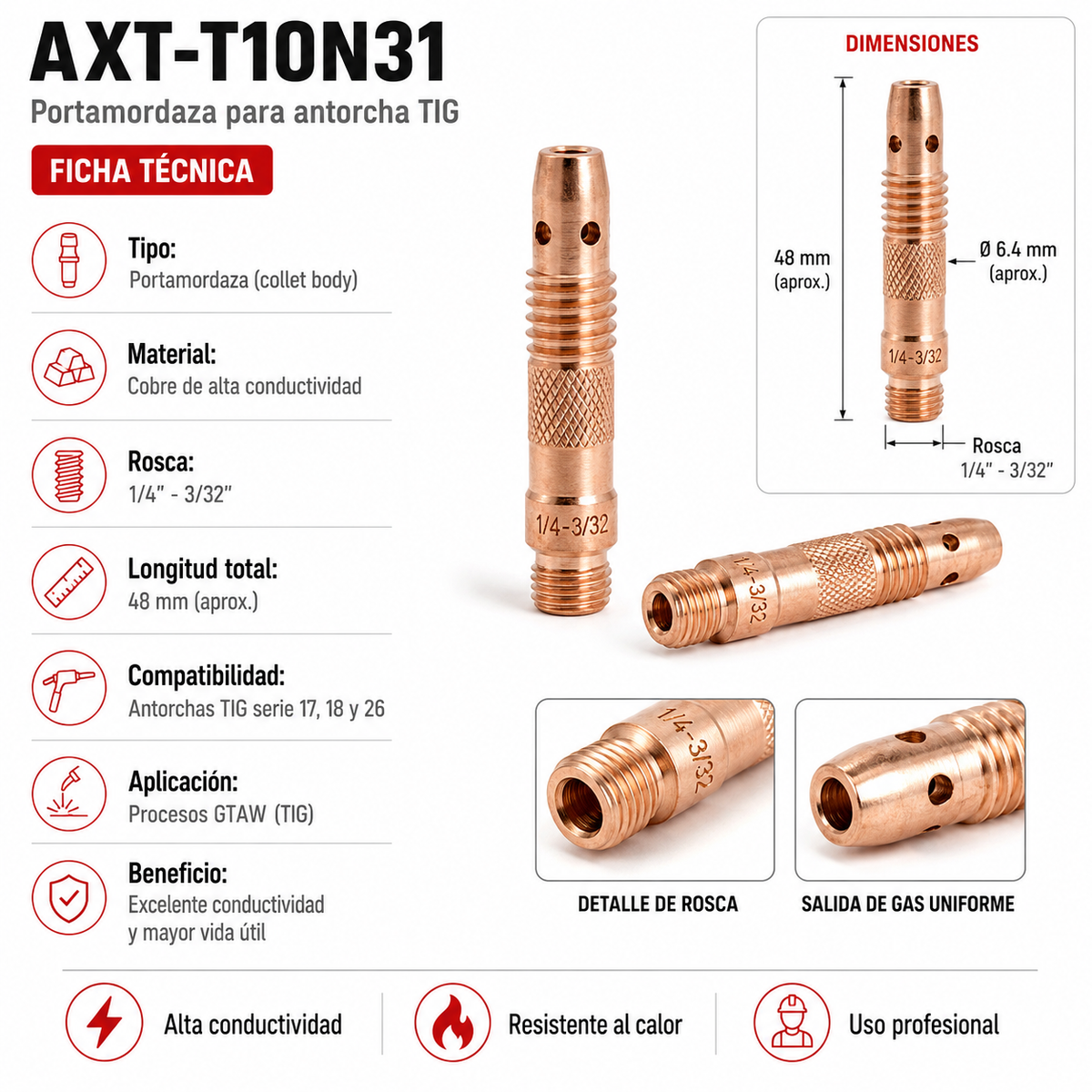 Porta Mordaza para Antorcha TIG 1/16" (2 Pzs) - AX Tech AXT-T10N31