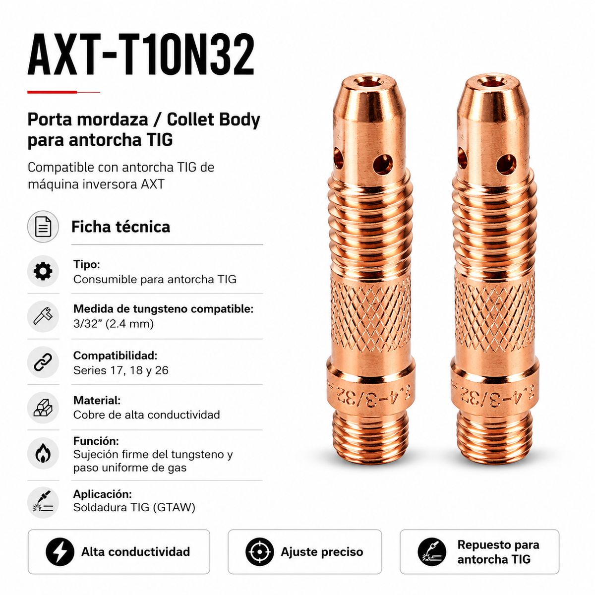 Porta Mordaza para Antorcha TIG 3/32" (2 Pzs) - AX Tech AXT-T10N32