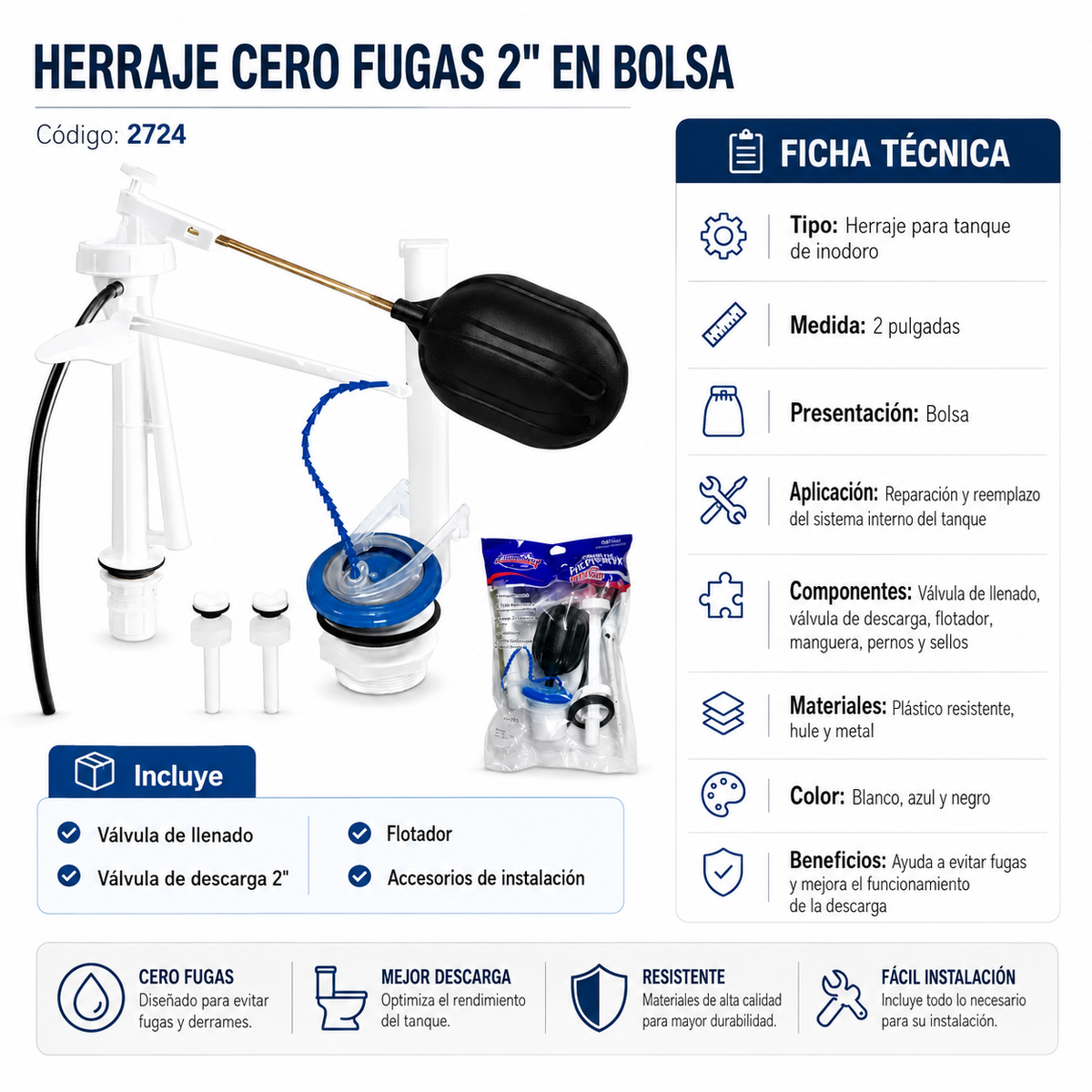 Herraje Cero Fugas 2” en Bolsa 2724 para Tanque de Inodoro