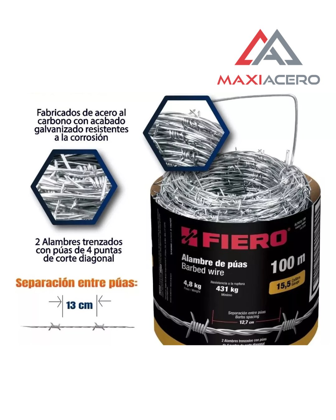 Alambre de Púas Fiero 100 m Calibre 15.5 | Rollo de Alta Resistencia