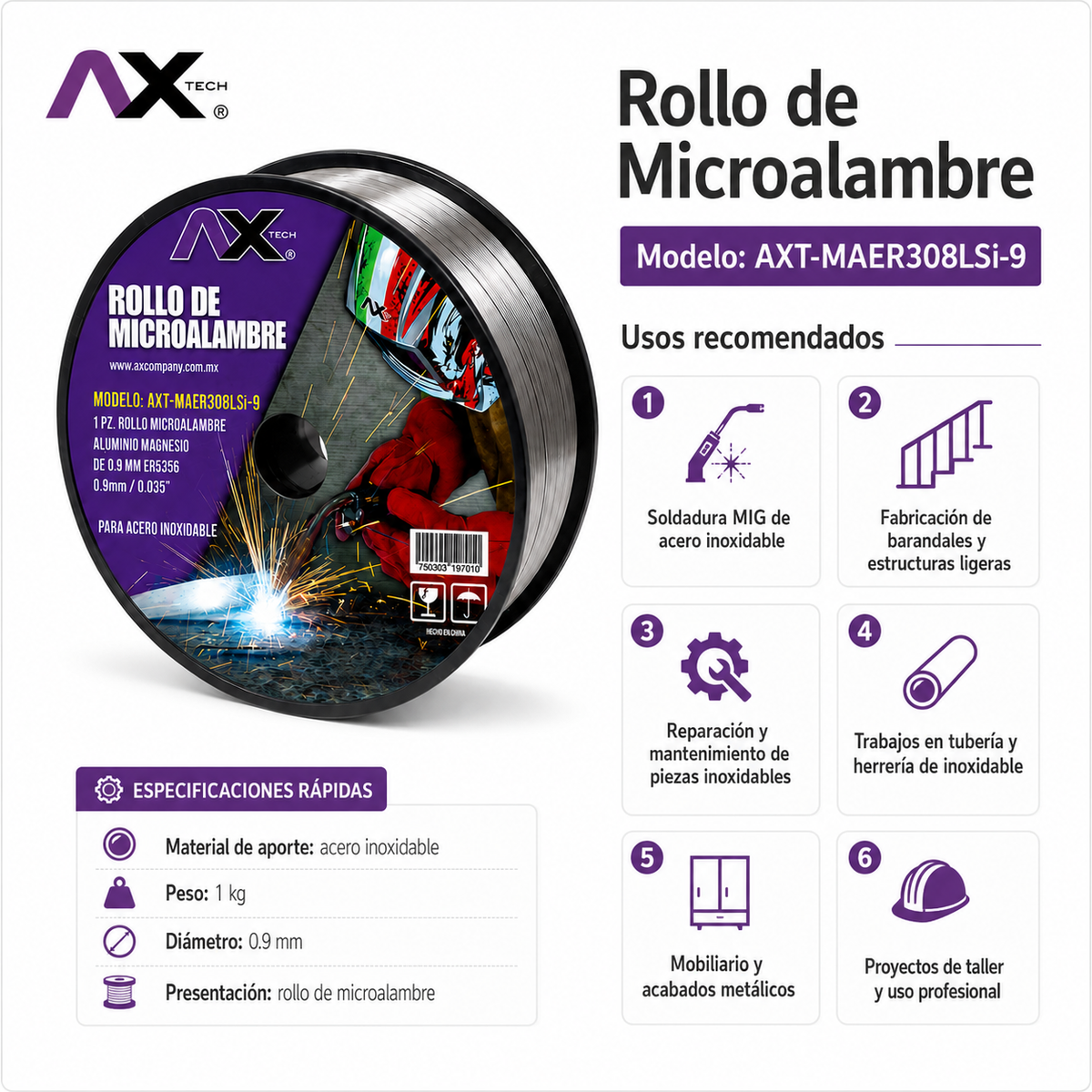 Rollo Microalambre Acero Inoxidable 0.9mm 1kg - AXT-MAER308LSi-9
