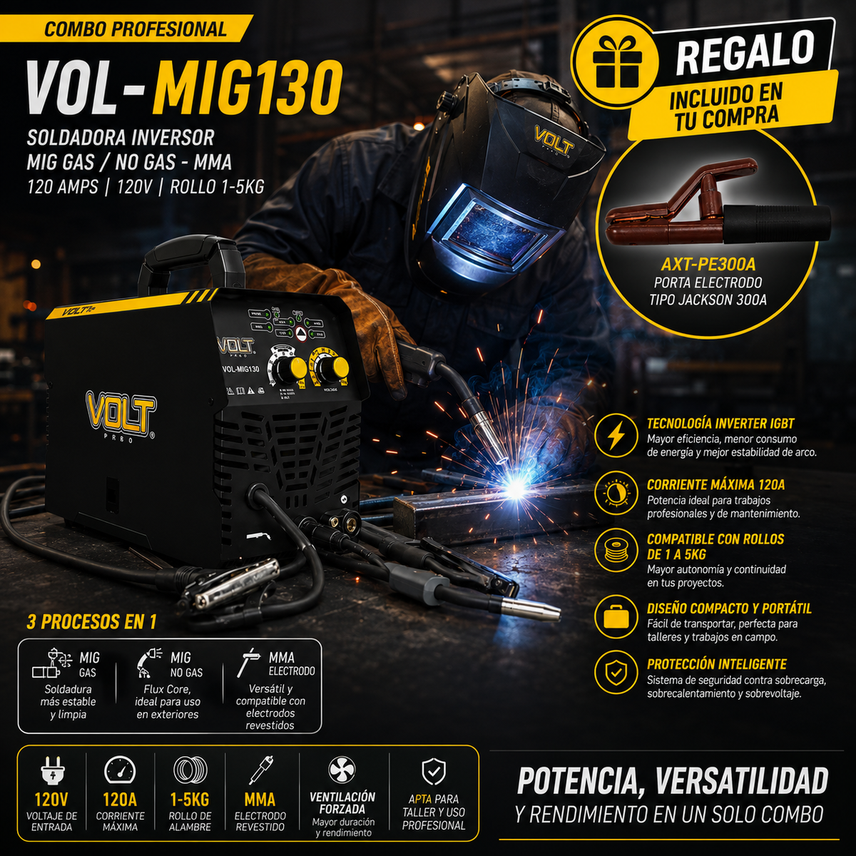 Soldadora Inversor MIG/MMA 120A VOL-MIG130 + Porta Electrodo AXT-PE300A GRATIS