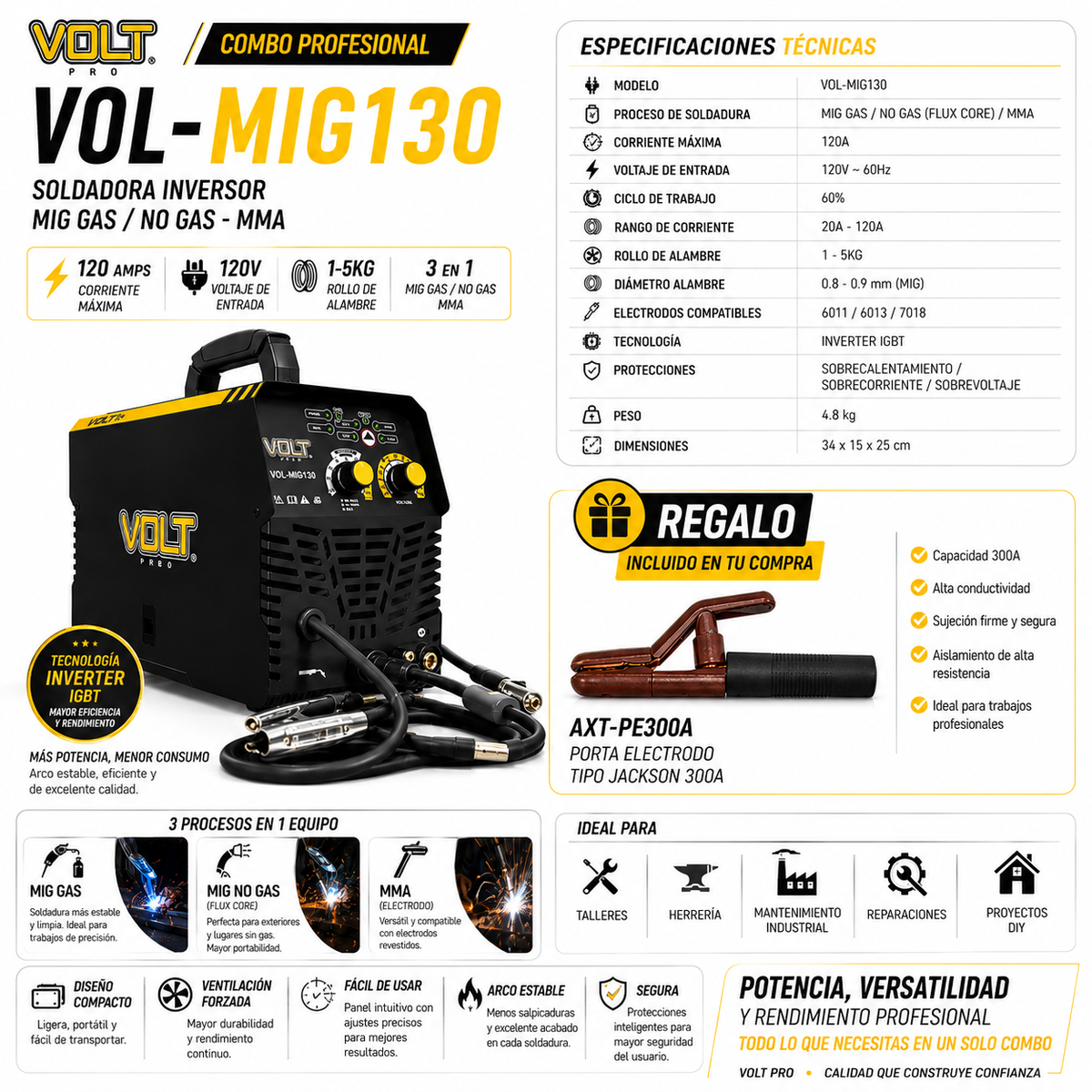 Soldadora Inversor MIG/MMA 120A VOL-MIG130 + Porta Electrodo AXT-PE300A GRATIS