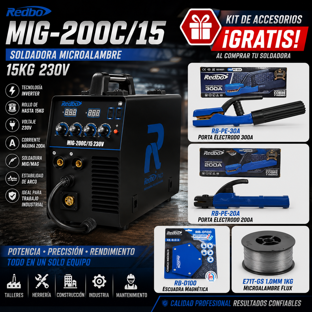 Soldadora Microalambre MIG-200C/15 230V + Kit de Accesorios GRATIS