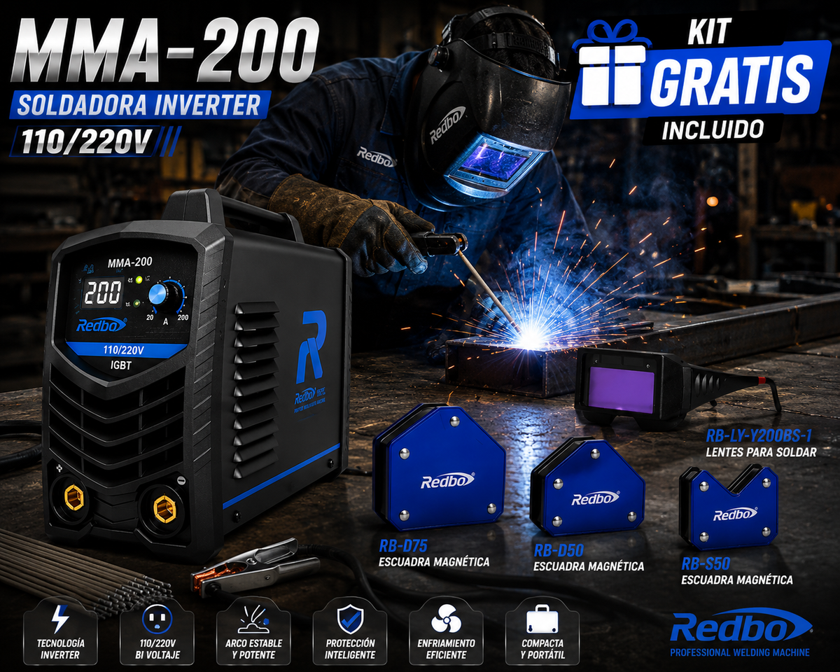 Soldadora MMA-200 110/220V + Kit Magnético y Lentes GRATIS Redbo