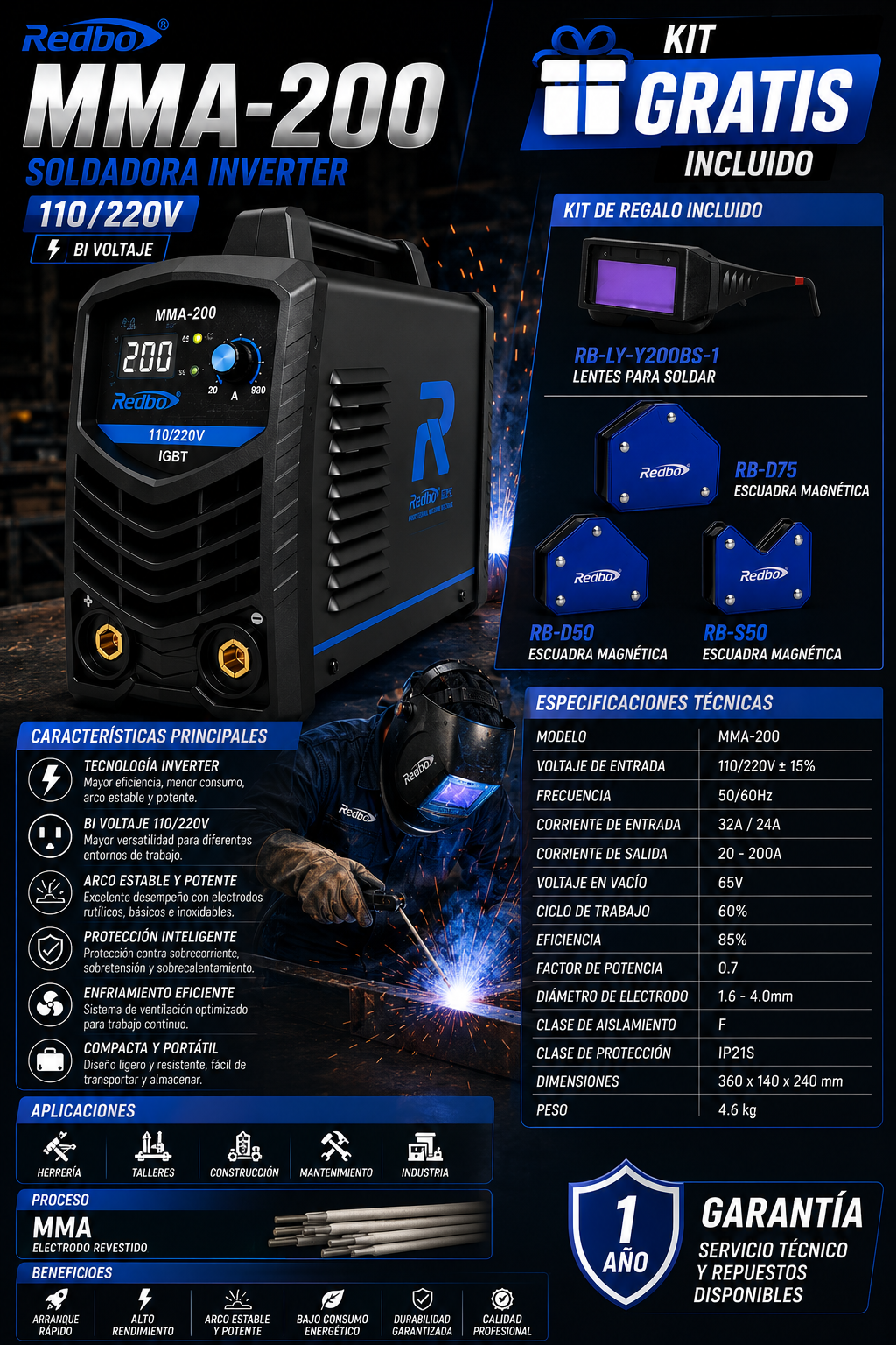 Soldadora MMA-200 110/220V + Kit Magnético y Lentes GRATIS Redbo