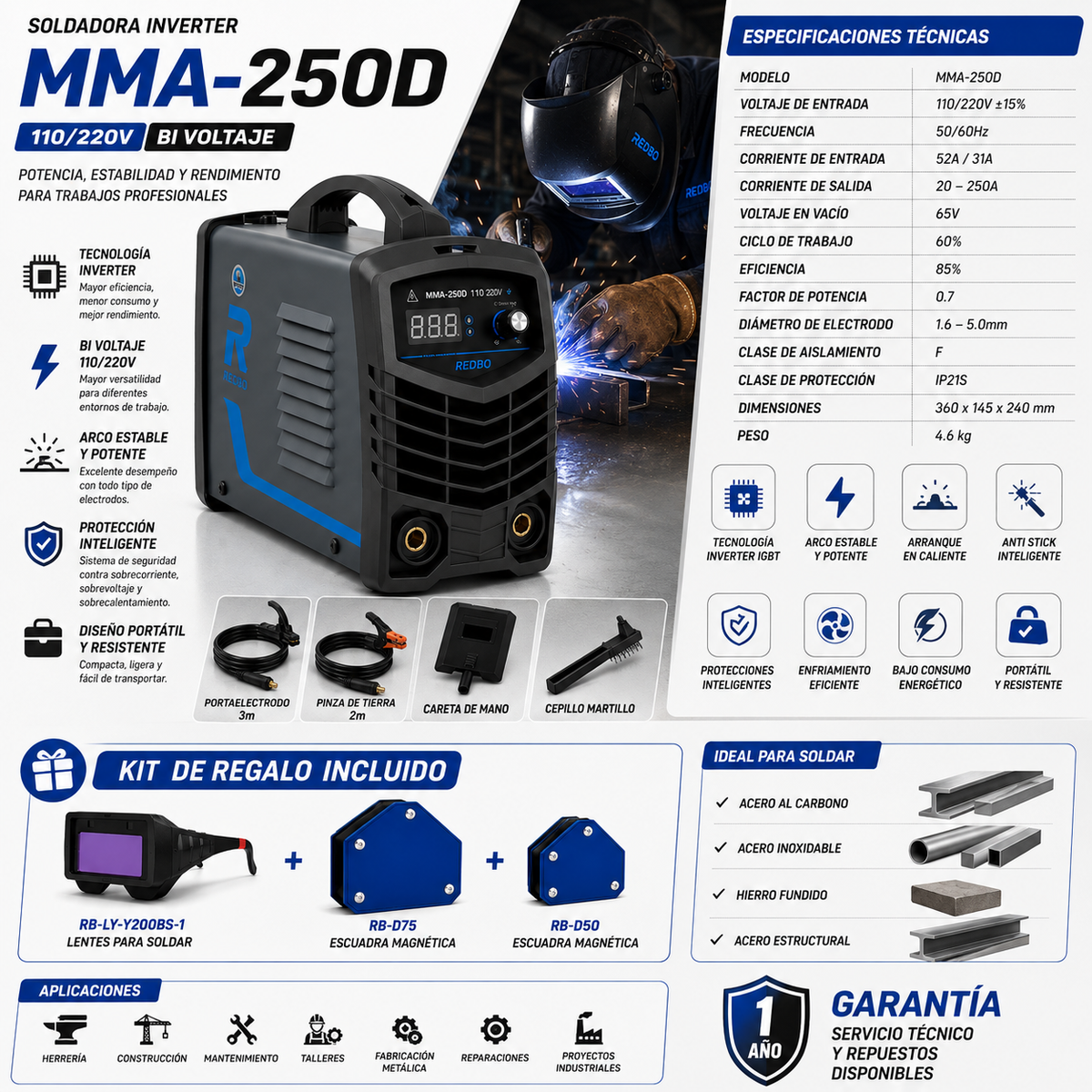 Soldadora MMA-250D 110/220V + Kit de Accesorios GRATIS Redbo