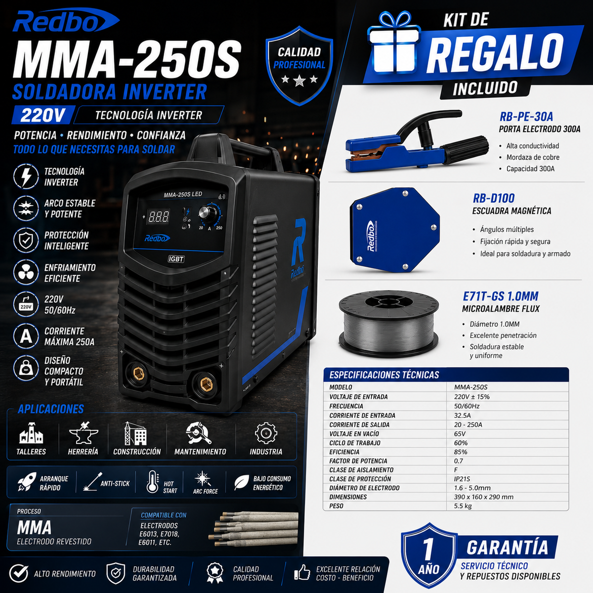 Soldadora MMA-250S 220V + Kit de Accesorios GRATIS Redbo