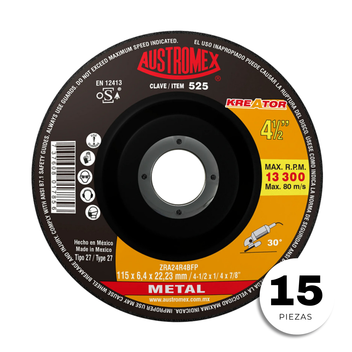 15pzs Disco Austromex 525 Abrasivo Desbaste Acero Fundición Soldadura de 4-1/2 x 1/4 x 7/8
