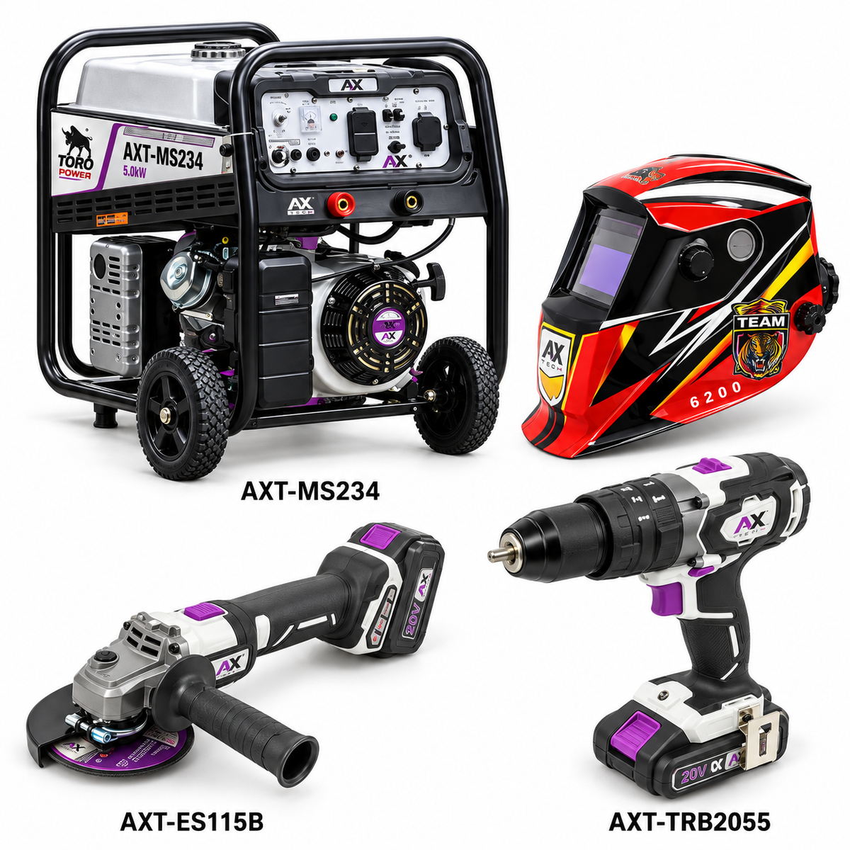 Combo Kit de Trabajo Axtech AXT-MS234-C1: Motosoldadora 180A, Careta Electrónica, Esmeriladora y Rotomartillo