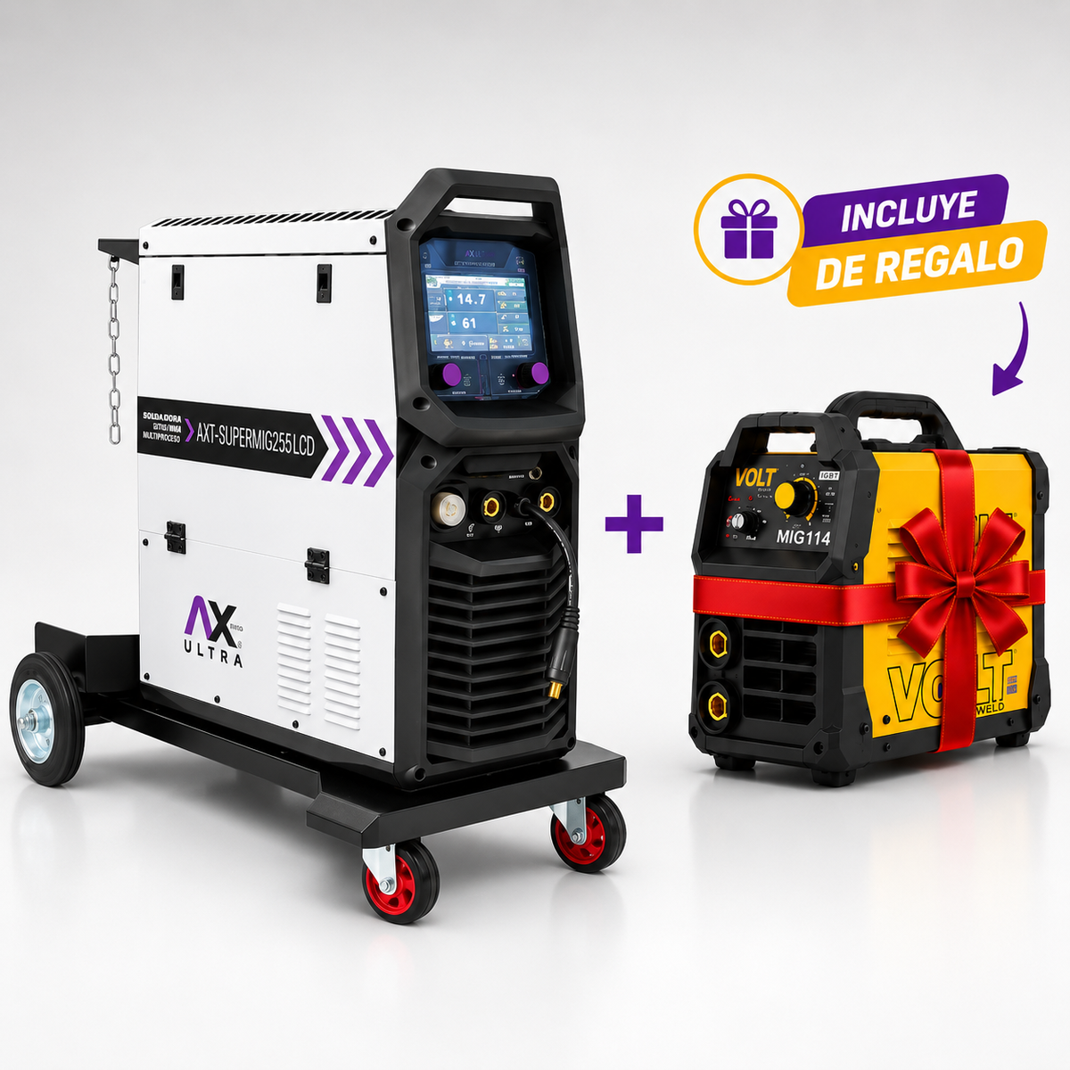 Combo Profesional Axtech: Soldadora AXT-SUPERMIG255LCD + Soldadora Volt VOL-MIG114 de Regalo