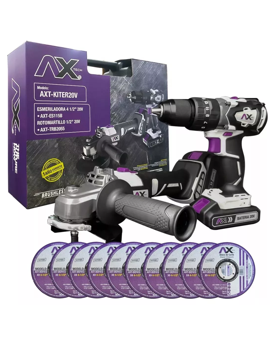Kit Rotomartillo + Miniesmeril A Batería 20v AxTech C/ Maletín Y Baterías