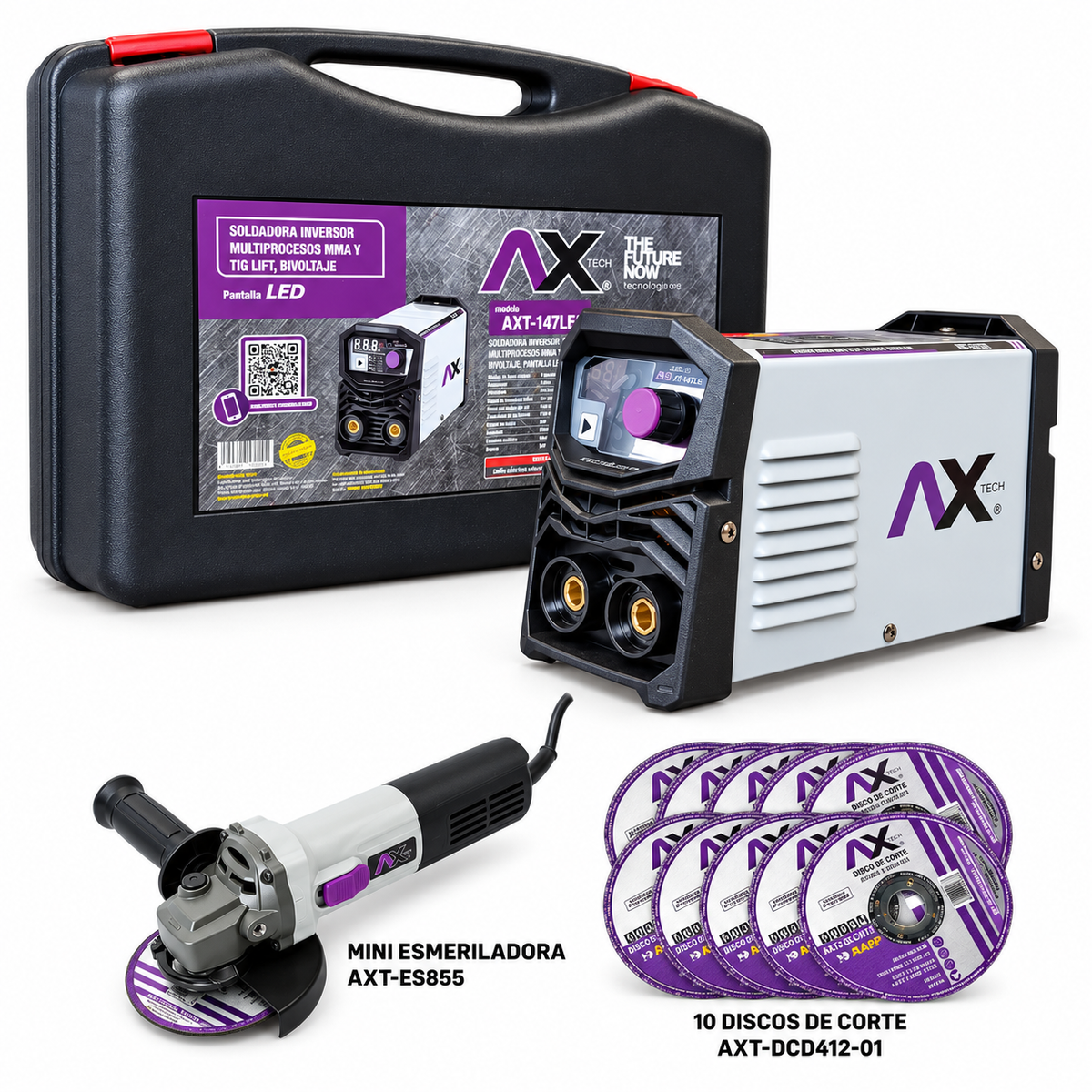 Soldadora Inversor AXT-147LED, Bi-Voltaje 110/220V AX TECH + Esmeriladora y Discos (AXT-147LED-C4)