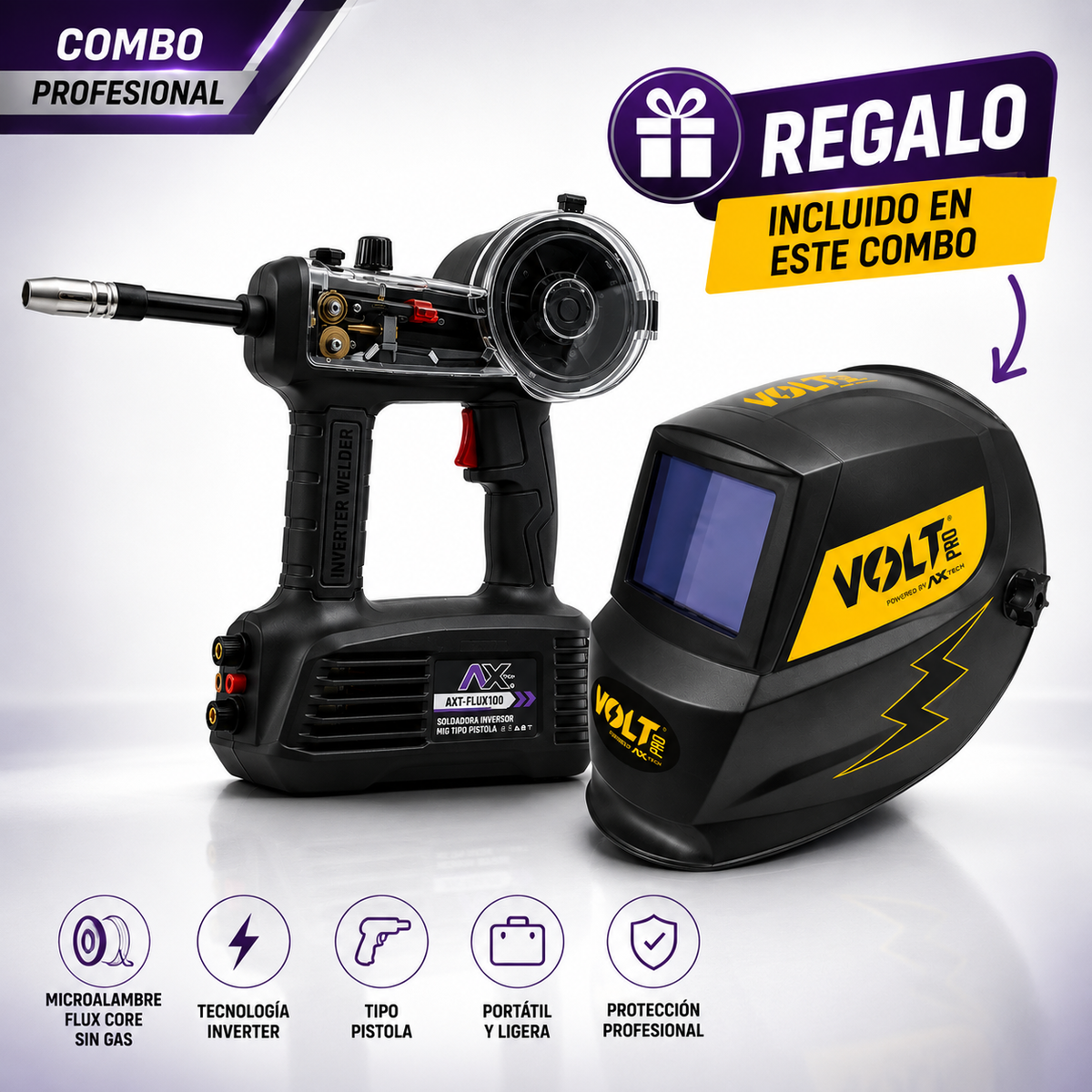 Soldadora Microalambre Flux Tipo Pistola AXT-FLUX100 + Careta Electrónica VOL-CE907 GRATIS