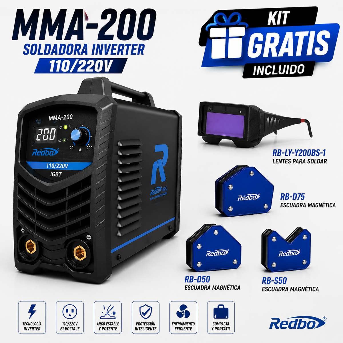 Soldadora MMA-200 110/220V + Kit Magnético y Lentes GRATIS Redbo