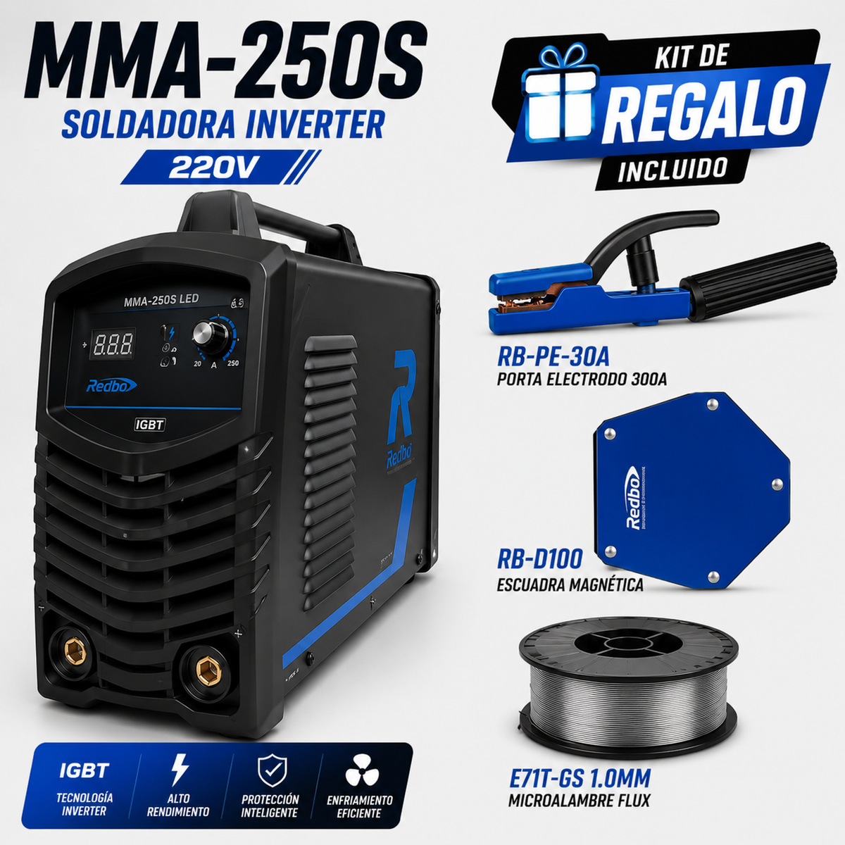 Soldadora MMA-250S 220V + Kit de Accesorios GRATIS Redbo
